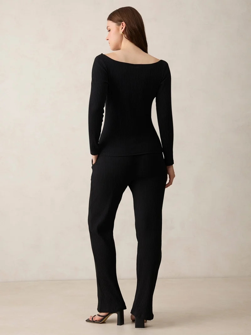 OUTZIDR Black Off Shoulder Fitted Top Co-Ord Set